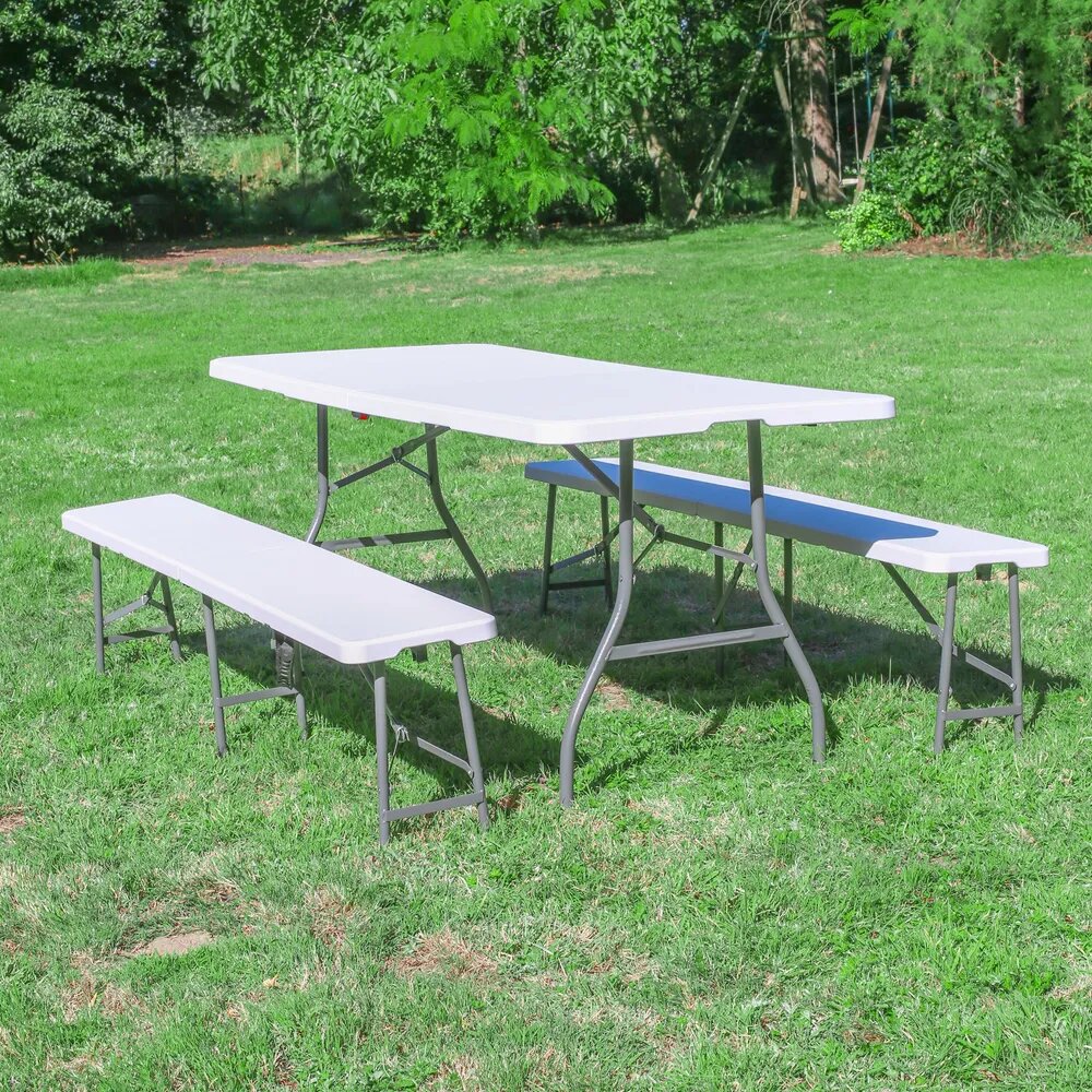 lot table pliante avec deux bancs pliables blancs