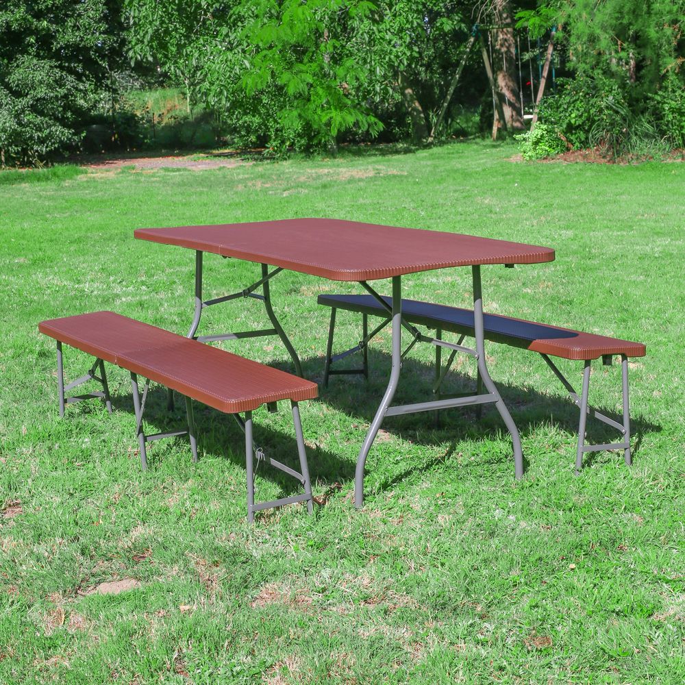 lot table et 2 bancs marrons pour jardin camping terrasse