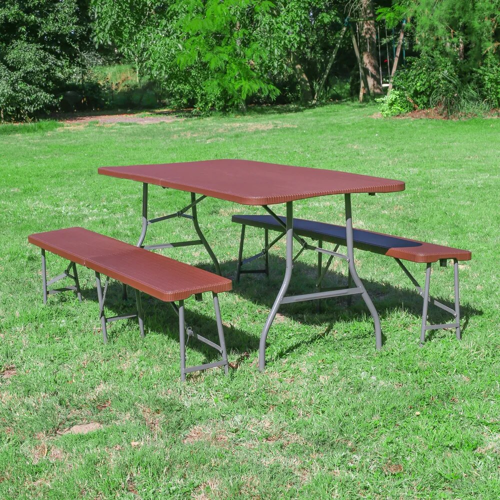 lot une table de deux bancs marron effet rotin pour jardin terrasse camping