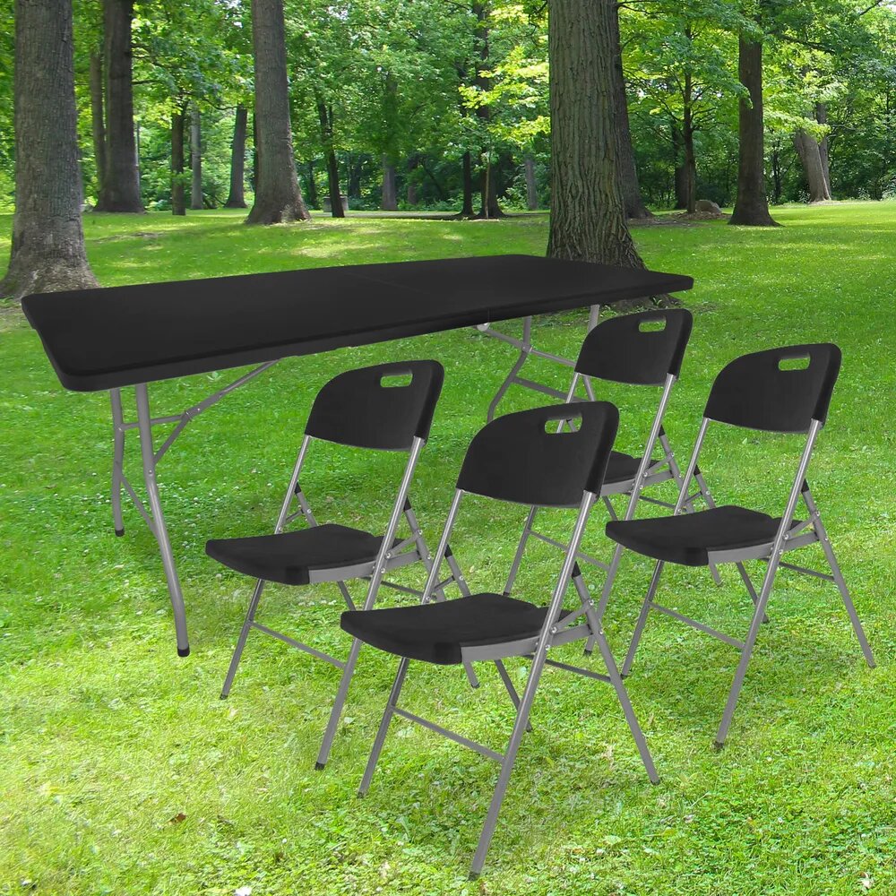 lot d'une table et 4 chaises noires pour jardin, terrasse, exterieur, evenement, mariage