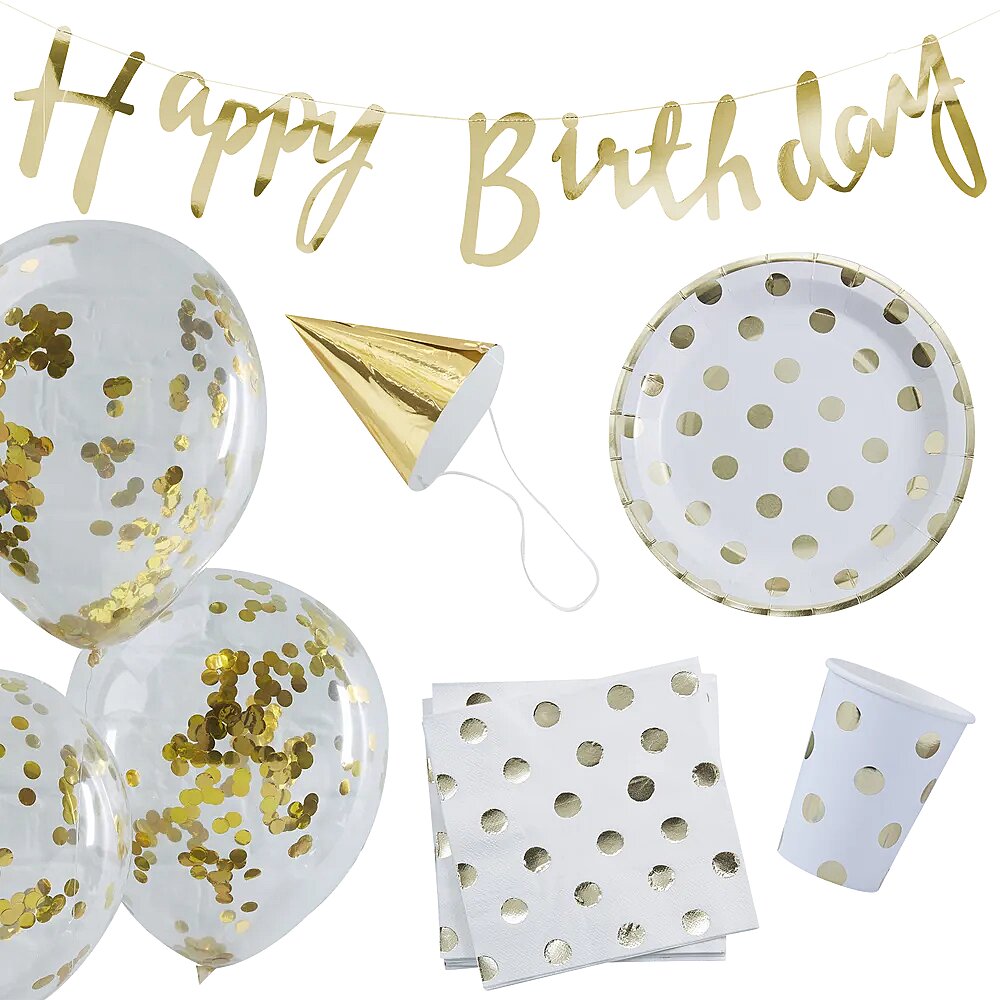 kit anniversaire gold doré avec gobelet assiette serviette mini chapeau et guirlande en papier happy birthday