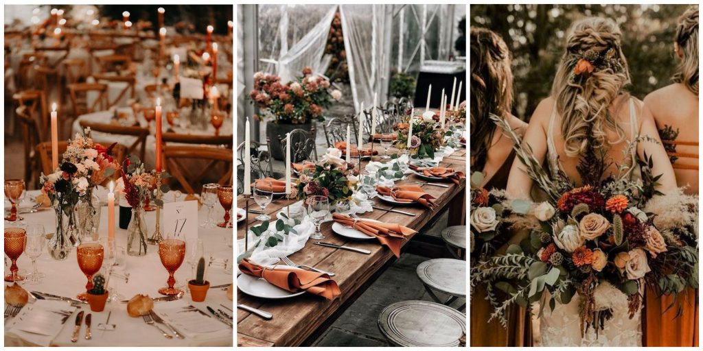 decoration mariage terracotta table de mariage en bois avec vegetal et bouquet de mariée