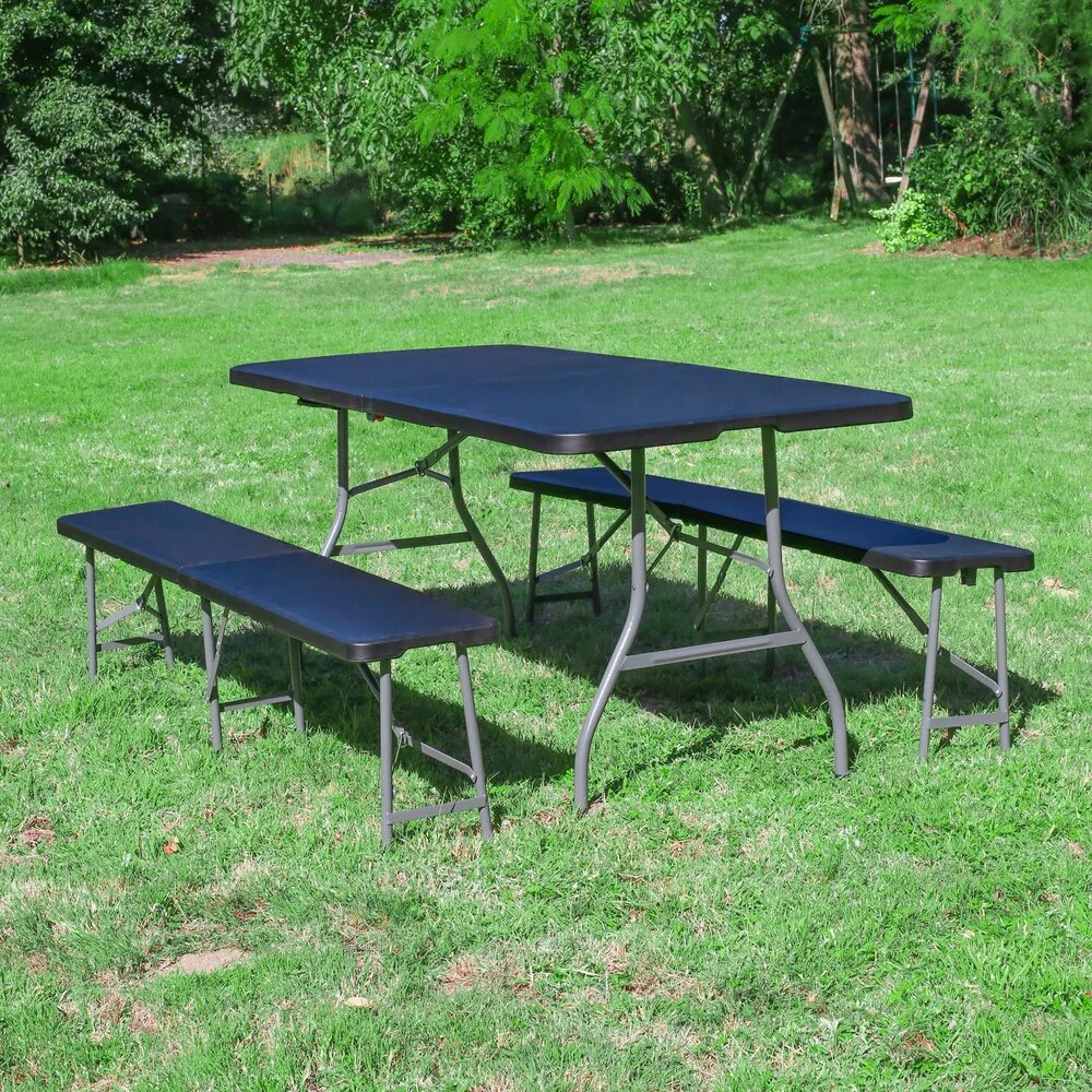 lot table pliante avec deux bancs pliables noirs